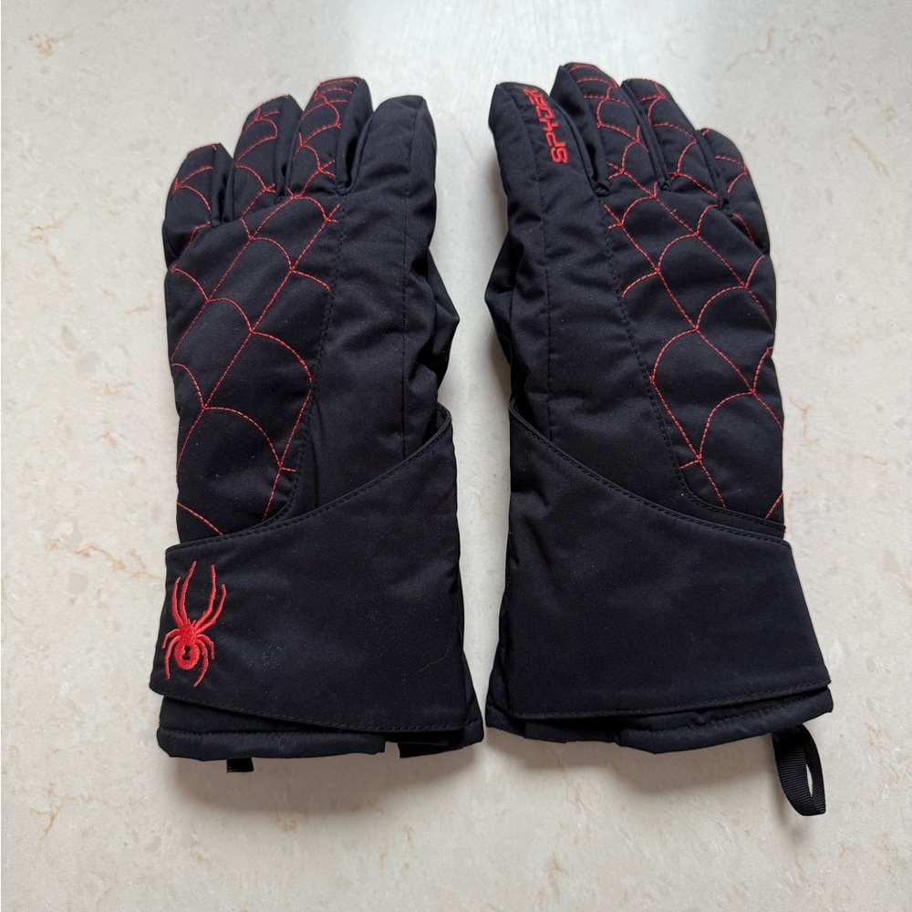 Spyder fleece lined Black Gloves with Red Stitching